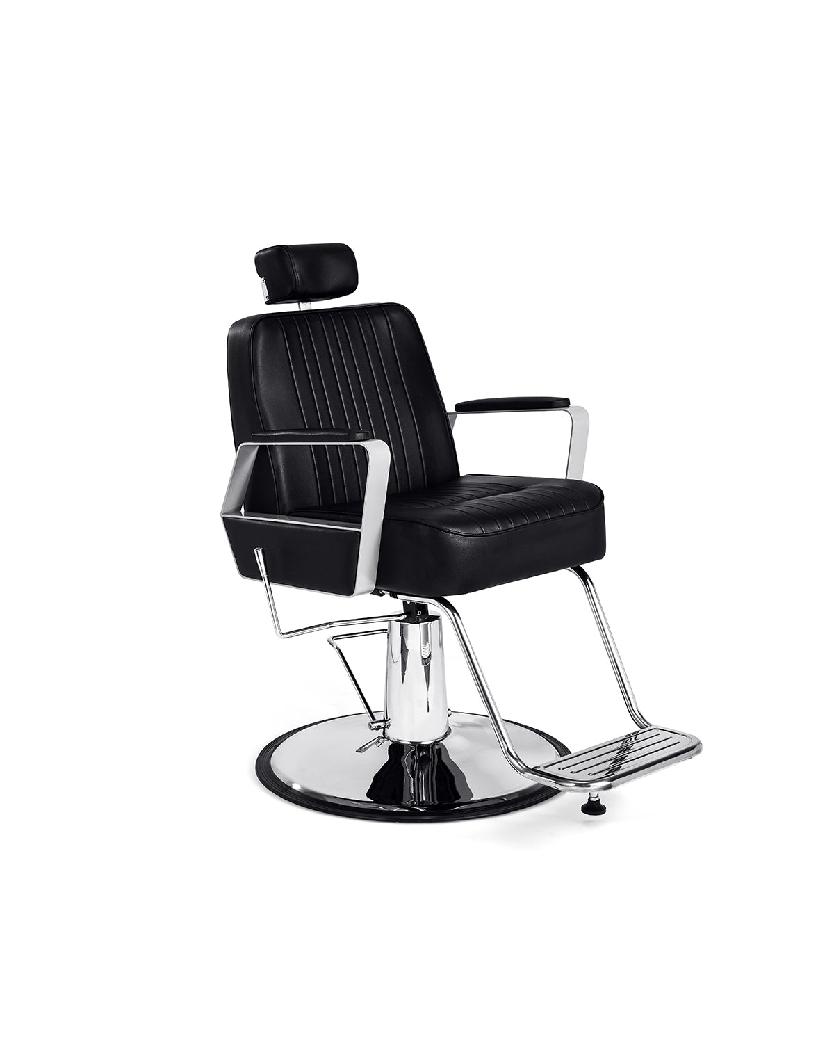 Joey - Czarny fotel barberski z chromowaną podstawą płaską
